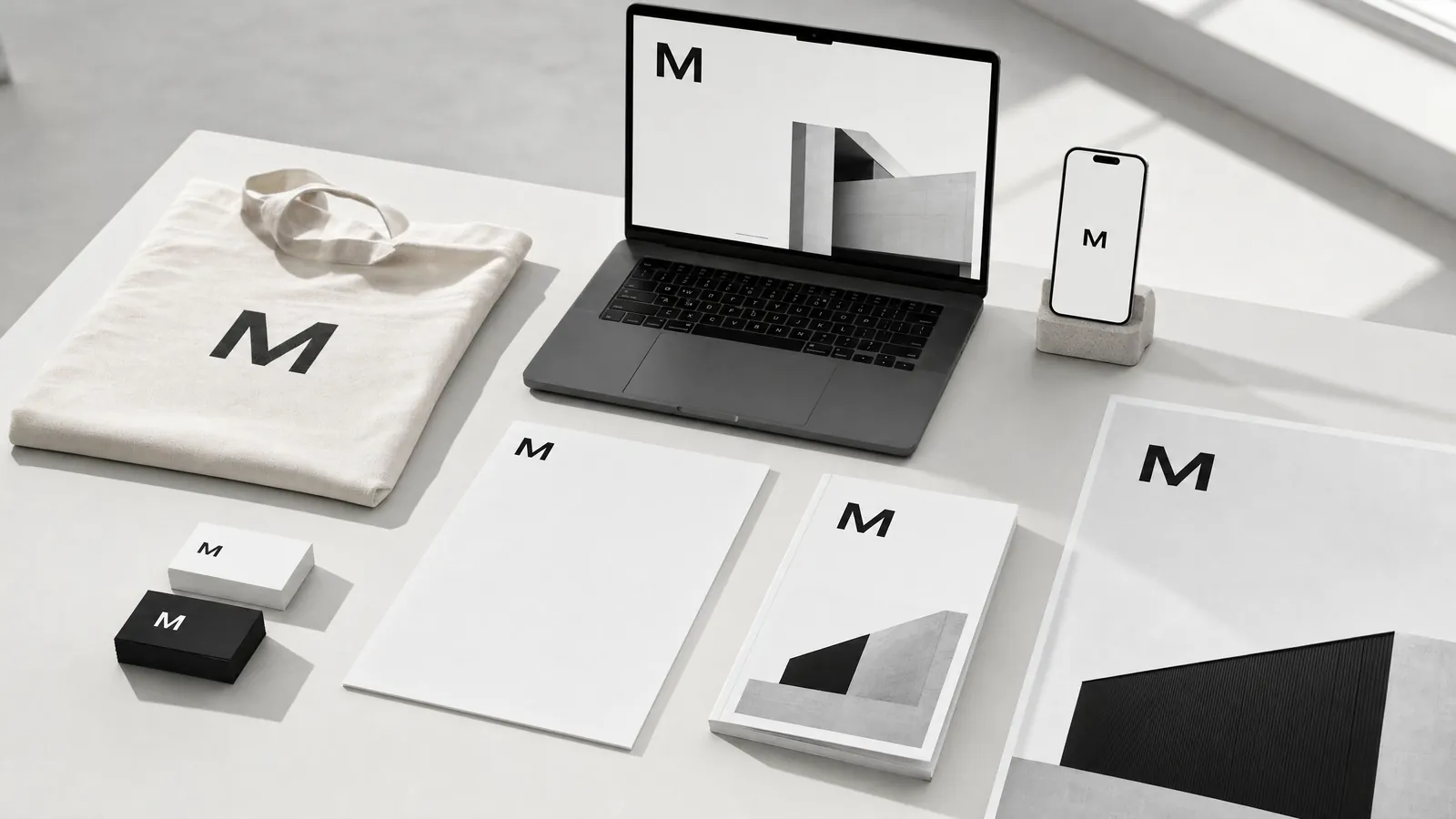 Corporate-Design-Anwendungen einer Marke: Visitenkarten, Briefbogen, Website, Tasche und Plakat in Schwarz-Weiß