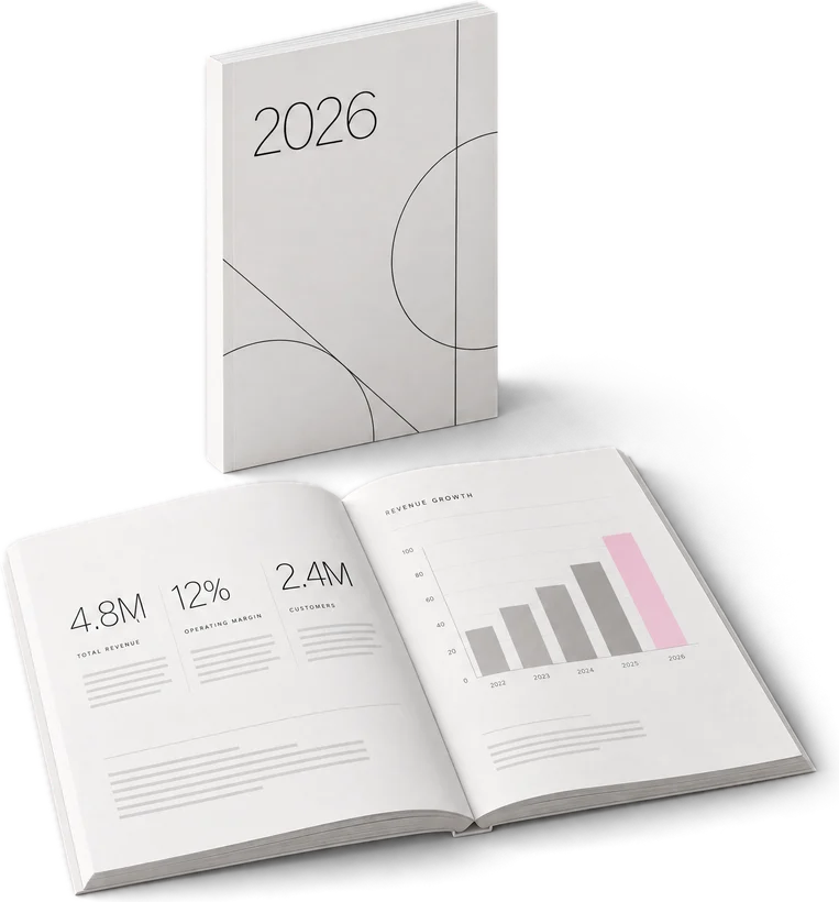 Gestalteter Geschäftsbericht 2026: Umschlag und aufgeschlagene Kennzahlen-Doppelseite mit Balkendiagramm