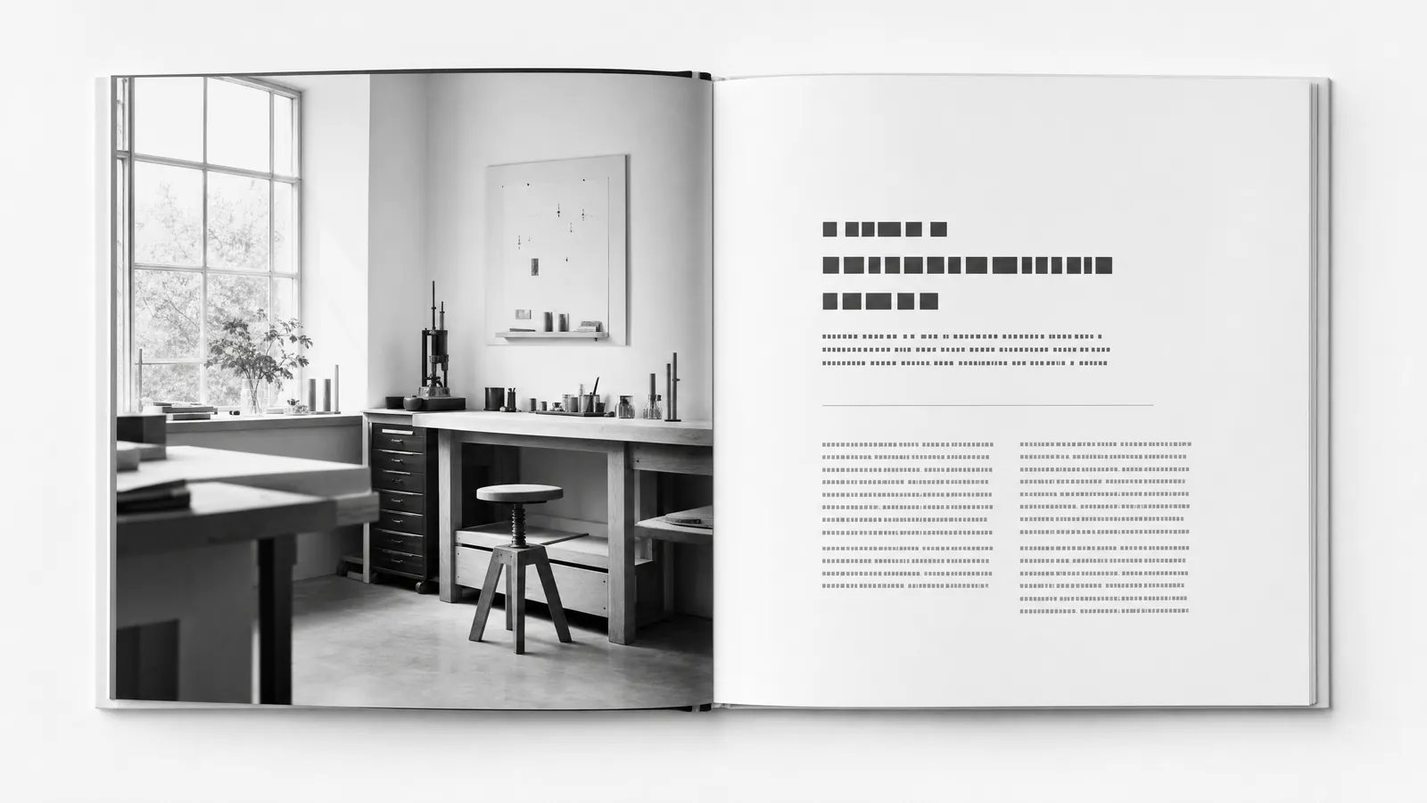 Aufgeschlagene Imagebroschüre: links ein ganzseitiges Foto, rechts Überschrift und Text in Lesebreite