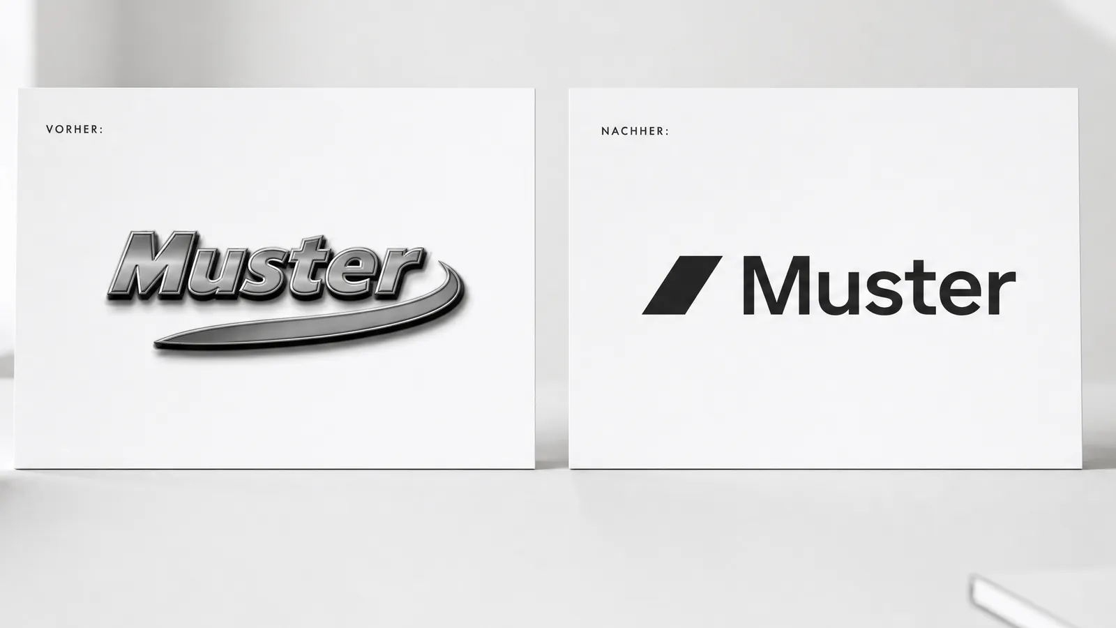 Logo-Redesign an einem fiktiven Beispiel: links ein altes Logo mit 3D-Effekt und Schwung, rechts die klare, flache Neufassung