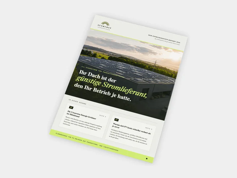 Titel des Energiekosten-Reports mit Solardach einer Produktionshalle und der Schlagzeile Ihr Dach ist der günstige Stromlieferant