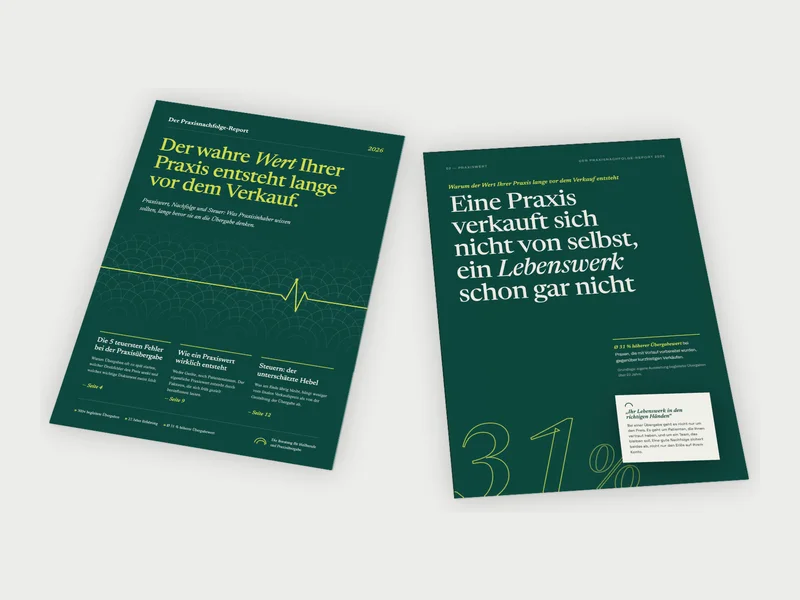 Titel und erste Seite des Praxisnachfolge-Reports in Dunkelgrün mit gelber Schrift