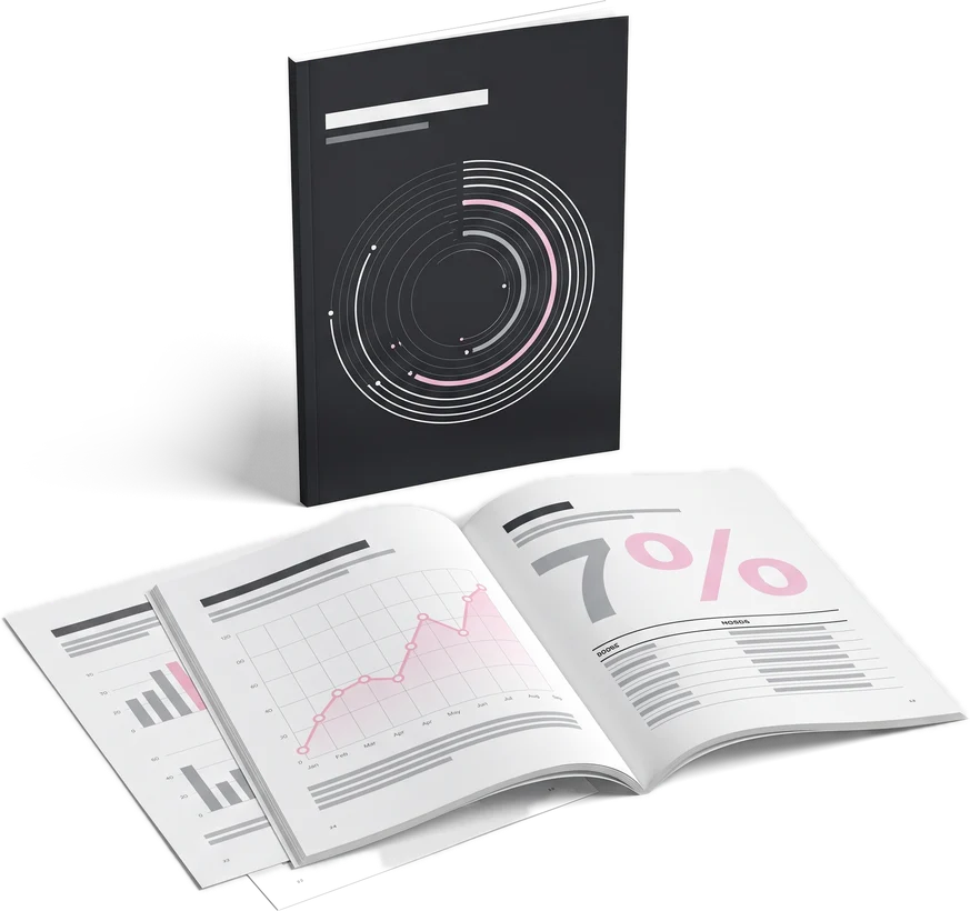 Gestalteter Report: Titel in Schwarz mit Ringgrafik, davor eine aufgeschlagene Doppelseite mit Liniendiagramm und lose Seiten mit Balkendiagrammen