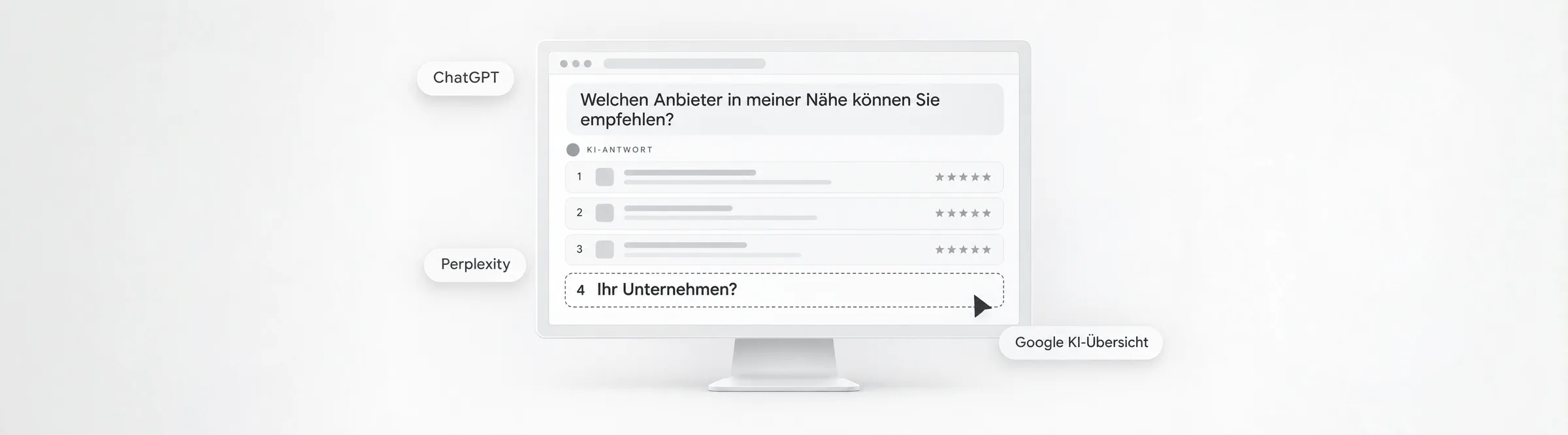 Eine KI-Antwort nennt drei Anbieter, Platz vier ist frei