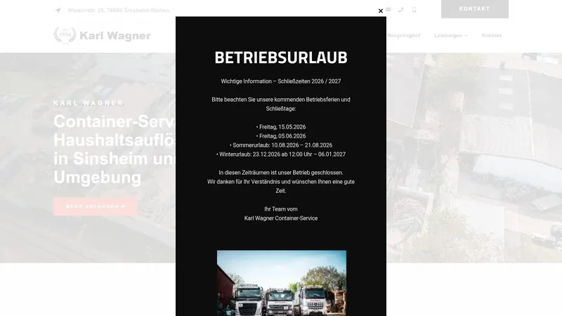 Website von Wagner Containerservice, Logistik und Transport, Startseite
