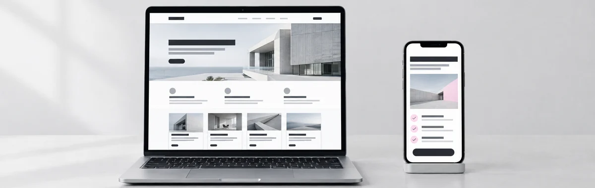 Laptop mit einer vollständigen Website neben einem Smartphone mit einer Landingpage