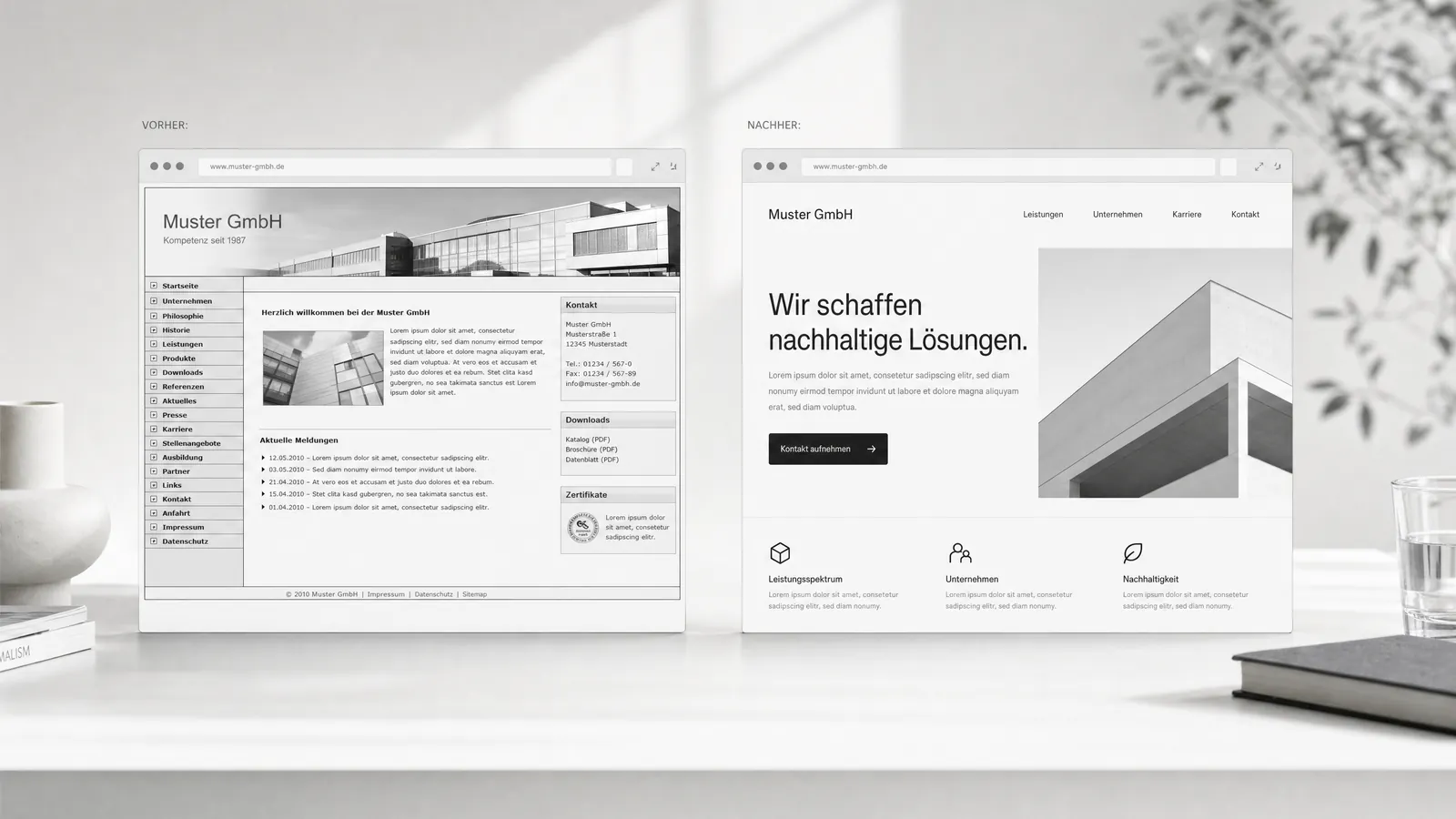 Website-Relaunch an einem fiktiven Beispiel: links eine überladene Firmenwebsite im Stil von 2010, rechts die aufgeräumte Neufassung